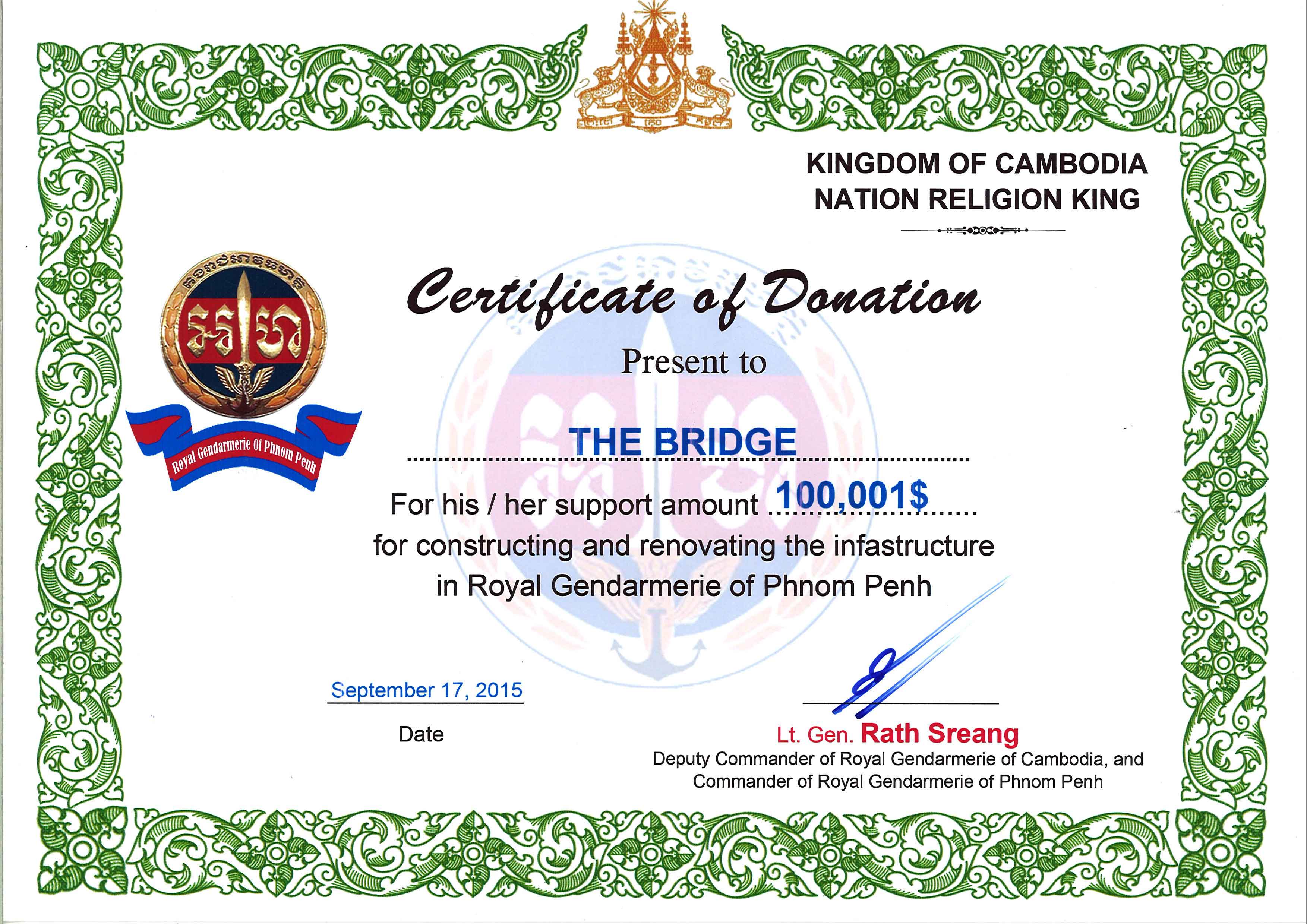 Donation to the renovation & Construction of Gendarmerie of Phnom Penh